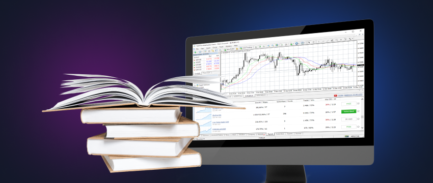 Screenshot of forex trading software, MetaTrader 4, featuring tools and resources for learning forex trading.