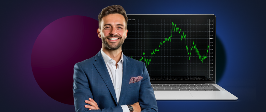 A suited man analyzes an upward trending stock chart on a laptop, representing effective positional trading strategies.