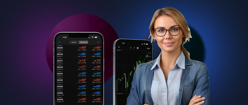 A woman wearing glasses showcases a trading app on her phone, representing achievement in positional trading.