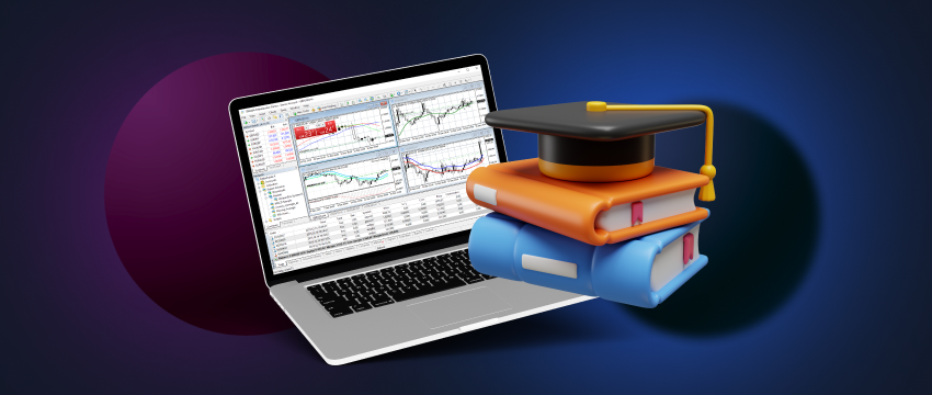 A laptop featuring a graduation cap and stacked books, representing the pursuit of knowledge in Forex trading.