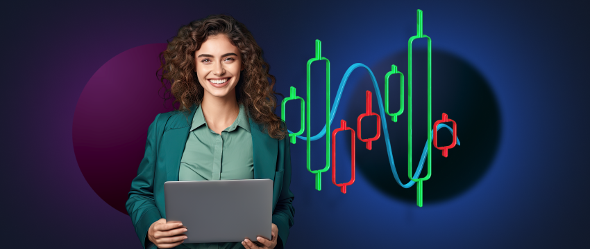 A woman holds a laptop, focused on a chart displaying red and green indicators for trading decisions.