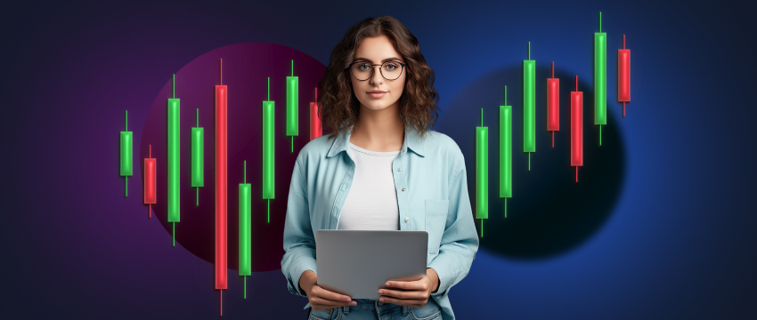 A woman engaged in financial analysis, holding a tablet displaying a stock chart, emphasizing her expertise in forex.