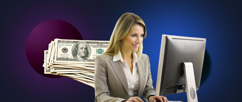 A successful woman forex trader works at her computer, surrounded by money, showcasing her professional office environment.