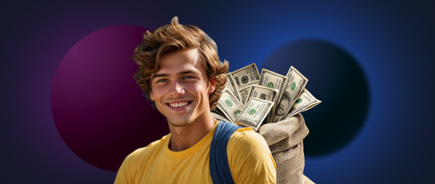 A cheerful young man proudly displays a bag of money, representing his achievements as a forex millionaire trader.