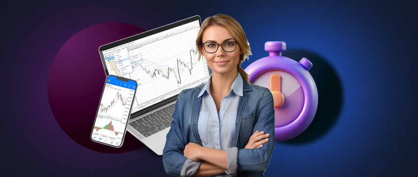 A professional woman wearing glasses stands next to a clock and a laptop, representing a mobile app trading platform.