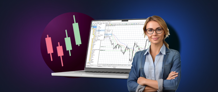 A woman wearing glasses and a blue shirt stands before a laptop, reviewing an indicator chart for forex pairs analysis.