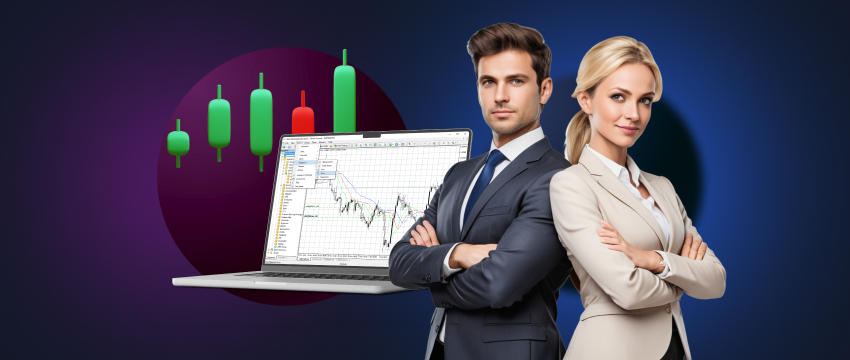 Two traders, a man and a woman, review trading indicators on a laptop, collaborating on market analysis.