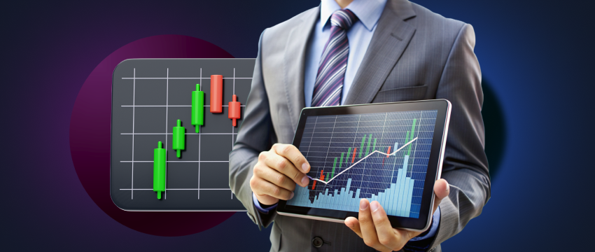 A suited man presents a tablet with a rising stock chart, illustrating the effectiveness of scalper trading techniques.