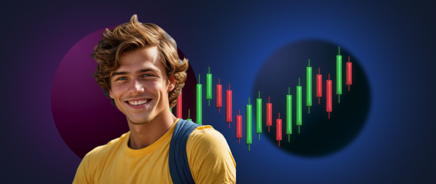 A smiling man in front of a stock chart, illustrating the optimism of a delivery trader analyzing market trends.