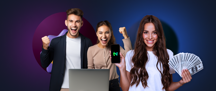 Three people showcase their money and a laptop, representing achievements in forex trading and financial success.