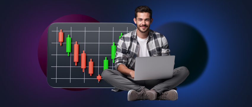 A man sits in front of a laptop, examining an indicator chart related to forex trading analysis.