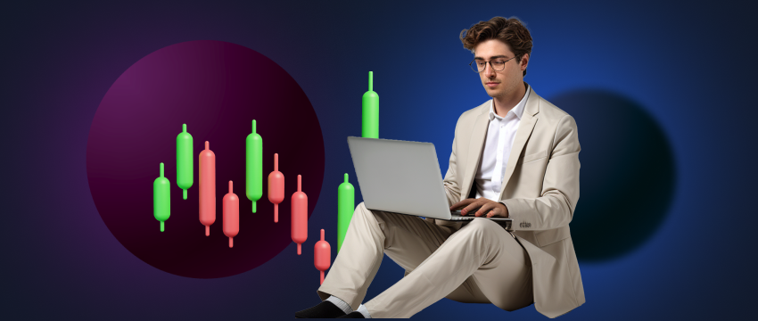 A suited man sits on a laptop, reviewing a stock price chart, representing the mindset of a successful trader.