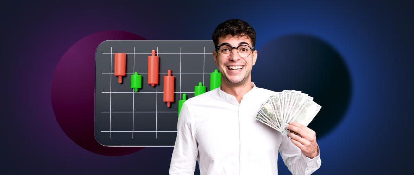 A trader displaying money and a forex indicator chart, representing investment strategies and market analysis.