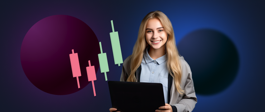 A woman stands confidently with a laptop, analyzing a chart related to sentiment trading for buy and sell decisions.