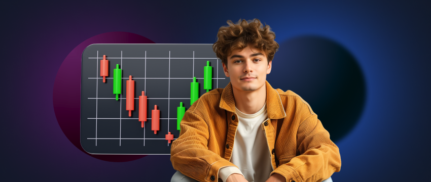 A trader seated before a stock chart featuring an upward arrow, indicating analysis of market performance.