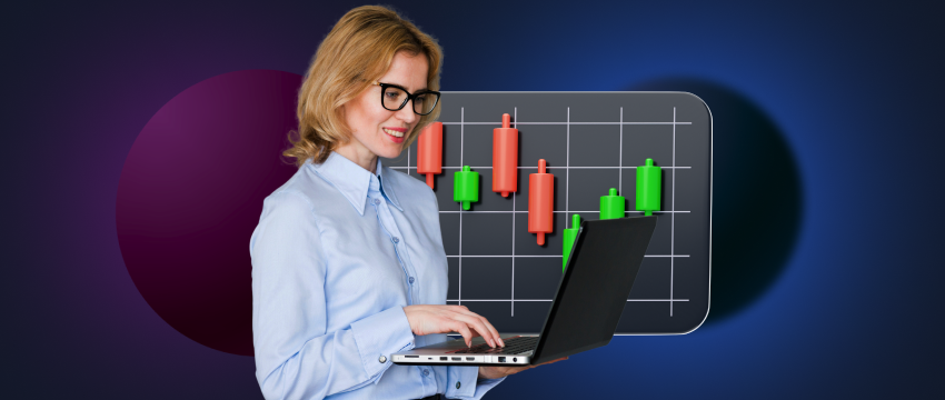 An arbitrage trader examines a stock chart on her laptop, showcasing her analytical skills in finance.