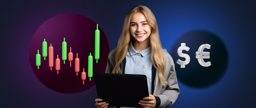 Une femme examine les graphiques Forex sur un ordinateur portable, comportant des symboles du dollar et de l'euro, en se concentrant sur les stratégies d'achat et de vente.