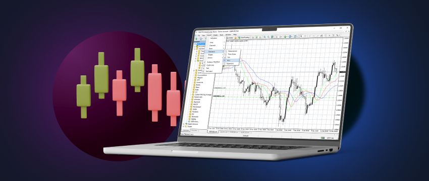 Un ordinateur portable présentant un graphique de trading Forex et une bougie, représentant l'analyse achat-vente de MetaTrader 4.