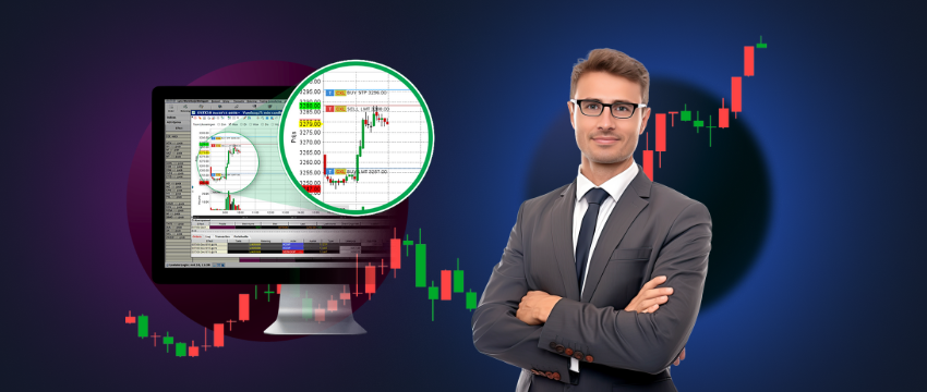 Um homem de fato e gravata está confiante em frente a um ecrã de computador que exibe a plataforma de negociação MetaTrader 4.