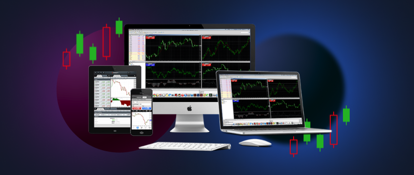 Devices including a computer, phone, and tablet showcasing an indicator image for live trading analysis on the MT4 platform.