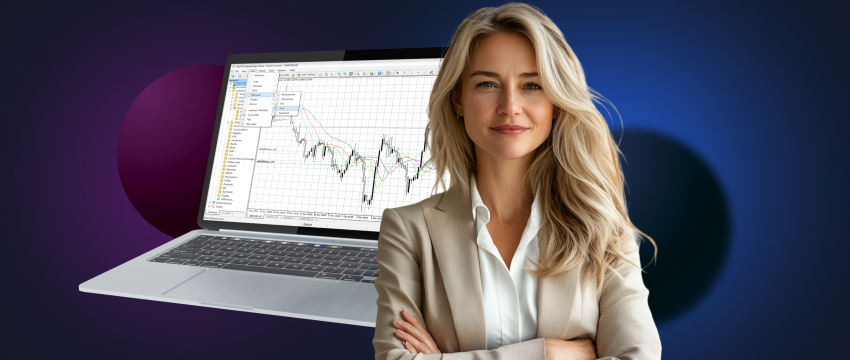 A woman with crossed arms, positioned before a laptop, representing achievement in online CFD financial trading.