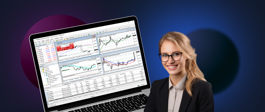 A woman with glasses focuses on a laptop displaying a trading chart, engaged in FX market analysis.