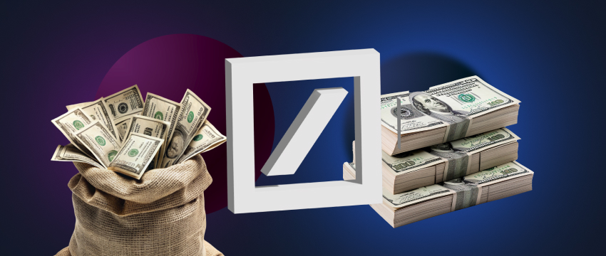 Stock image of money bags with the Deutsche Bank logo in the center, symbolizing wealth and finance.