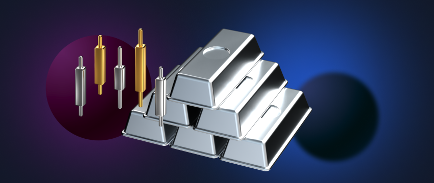 Silver bars alongside assorted metal items on a blue backdrop, representing the world of precious metals trading.