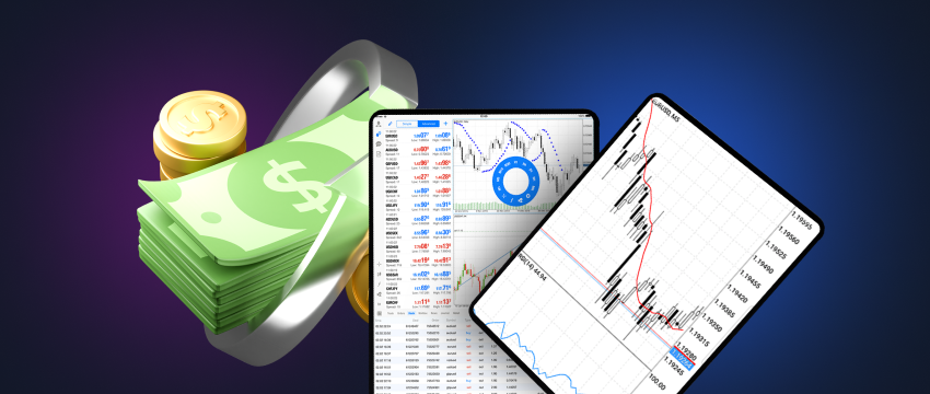 Tablet view of a forex trading app for Android, featuring CFD and MT4 tools for effective money trading.