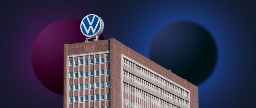 The Volkswagen Tower Market Building showcases Volkswagen's new logo, representing a major advancement in the company's identity.