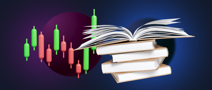 A stack of books with one open, alongside a stock chart, symbolizing education in Metatrader 4 trading and financial analysis.