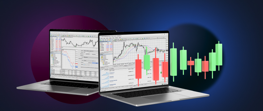 Two laptops displaying MT4 trading indicators and charts, showcasing a dynamic trading environment for market analysis.