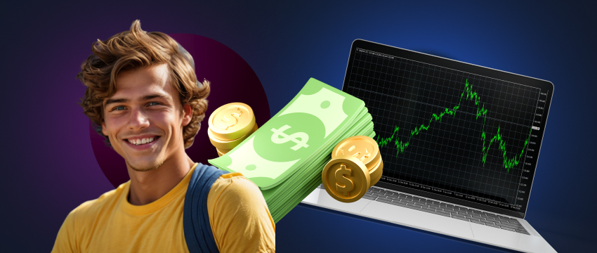 A man with a laptop and money, representing forex trading and financial success through currency exchange.