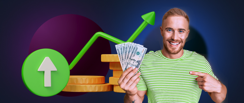 A successful trader holds up money with an upward arrow, symbolizing profit and victory in the forex market.