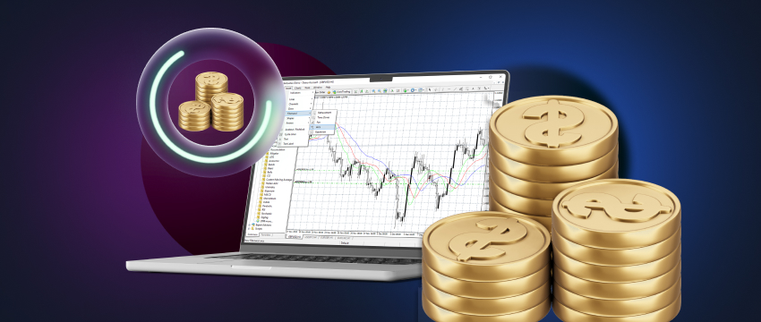 A concise depiction of forex trading strategies for profit, highlighting Metatrader 4 and the use of currency coins.