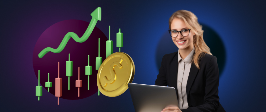 A successful woman trader in glasses holds a laptop with pro charts and a gold coin, representing her achievements in Forex trading.