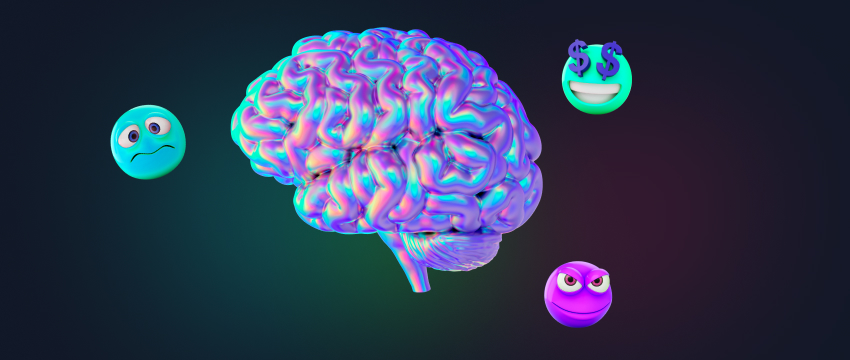 A vibrant brain with a smiley and frowny face, representing the emotional aspects of psychology and forex trading success.