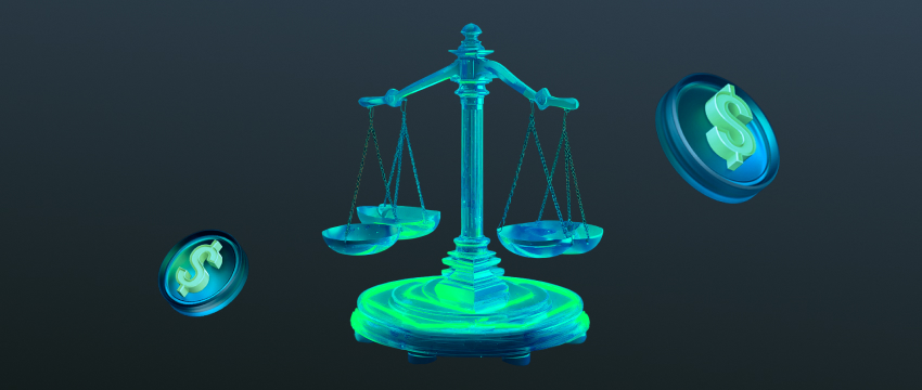 A scale with coins and dollar signs, illustrating the concept of risk versus reward in forex leverage scenarios.