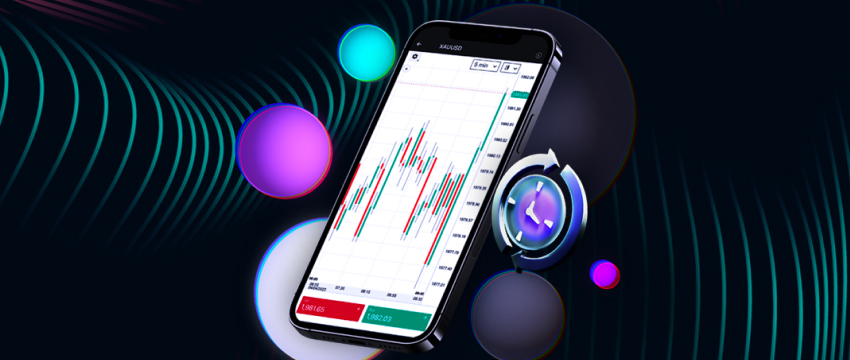 A smartphone featuring a stock chart, designed for traders focusing on fundamental and sentimental analysis with MT4.