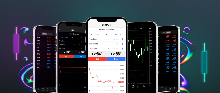 Four smartphones with different trading apps open, highlighting options for custom indicators on MetaTrader 4.
