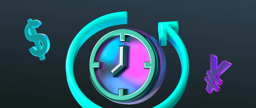 A clock and dollar sign surrounded by various financial symbols, illustrating the volatility of forex trading.
