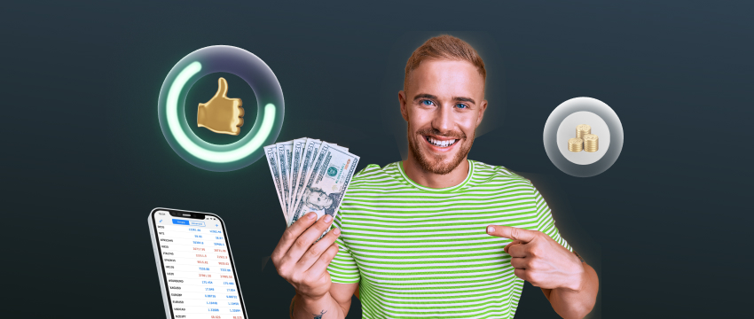 A man holding cash and a smartphone displaying various icons, illustrating how to trade with discipline and focus.